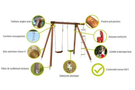 Portique pour enfants en bois traité autoclave Tonka - 3 agrès