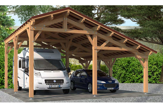 Carport camping-car Oxalis toit 2 pentes 7.30x8.76m pin Douglas