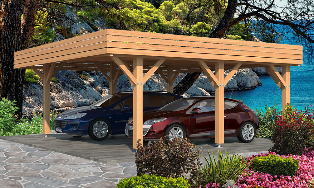 Abri 2 voitures toit plat Iberis- Carport bois en kit pin Douglas