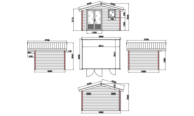 dimensions Abri de jardin composite Pipéri, toit 2 pentes, 3.8x3m