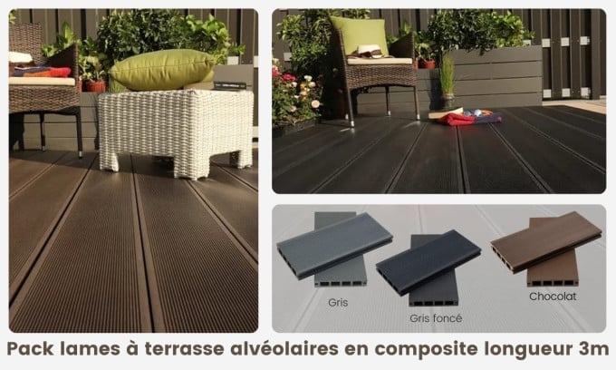 Pack 15m2 terrasse composite alvéolaire - longueur lames 3m